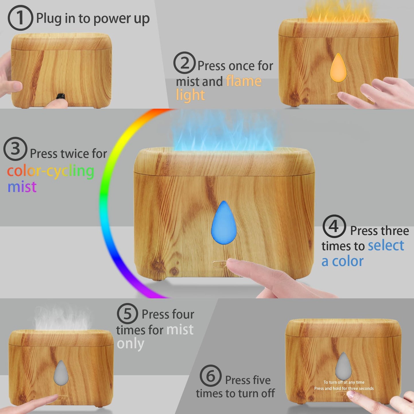 Flame Diffuser for Essential Oils – 200ml Ultrasonic Aroma Diffuser with Auto-Off, Wooden Grain (7 Colors) | Peppermint, Lavender, Tea Tree, Lemon
