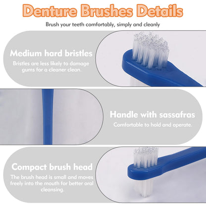 FLATRI 6 Pack Portable Denture Brush – Dual-Headed Hard Bristle Toothbrush for Dentures, False Teeth, Braces & Mouth Guards