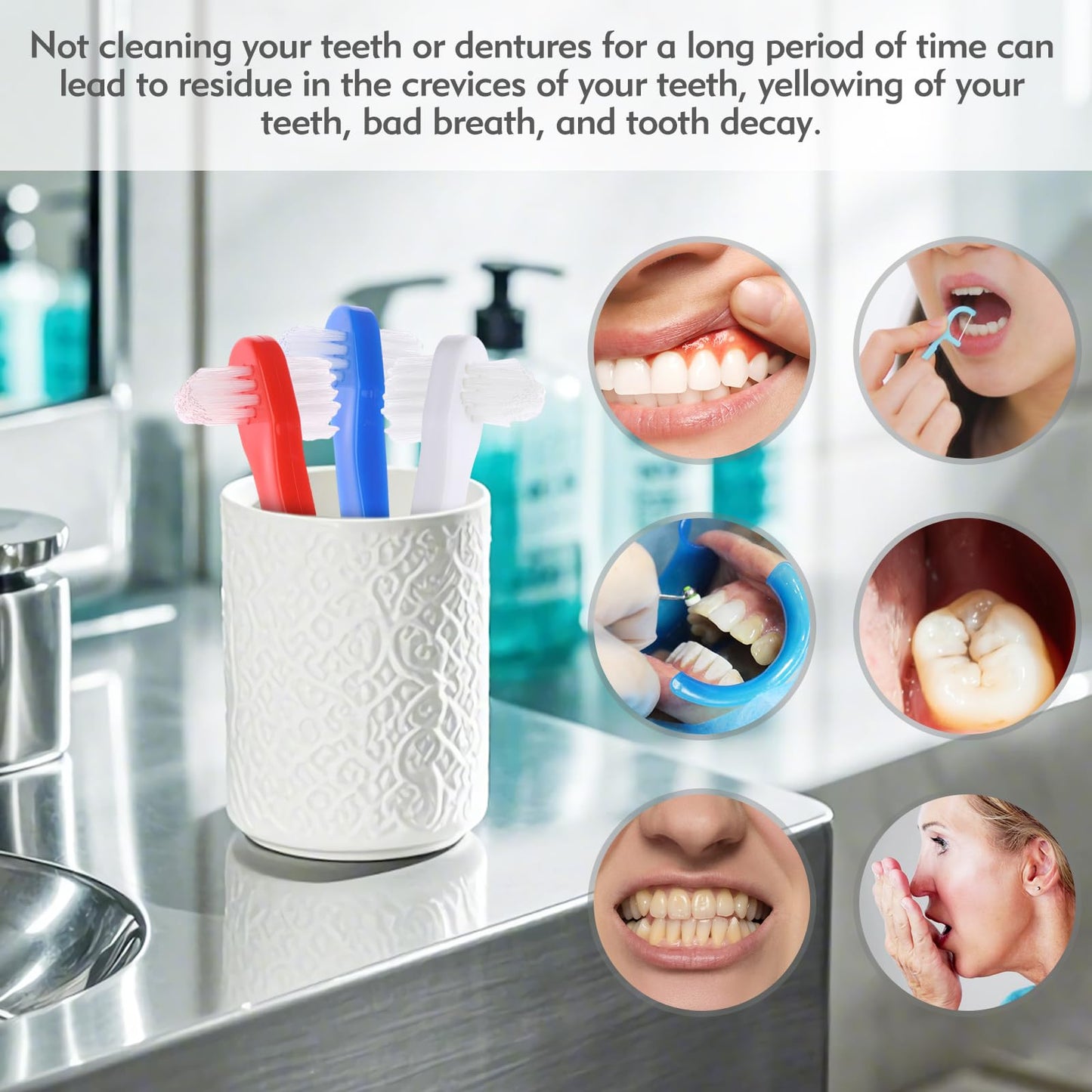 FLATRI 6 Pack Portable Denture Brush – Dual-Headed Hard Bristle Toothbrush for Dentures, False Teeth, Braces & Mouth Guards