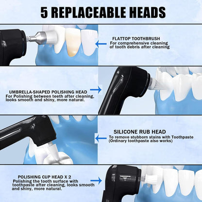 Tooth Polisher with LED Light - 5 Speed Modes, Teeth Cleaning Kit & 5 Replacement Brush Heads