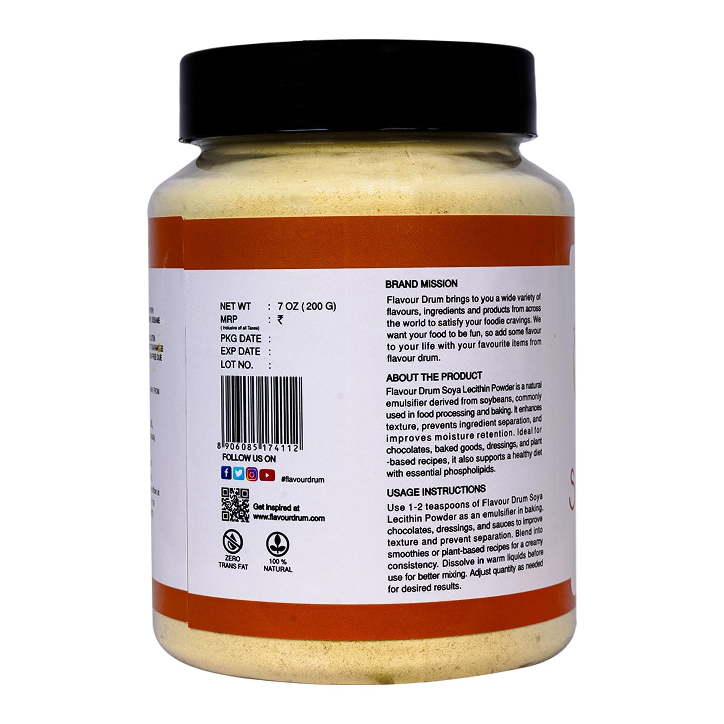 Flavour Drum SOYA Lecithin Powder 200 g (7 oz) | 100% Pure Plant-Based Emulsifier | Non-GMO Soy Lecithin for Baking, Chocolate Making, Sauces & Keto Recipes | Vegan, Gluten-Free | No Additives