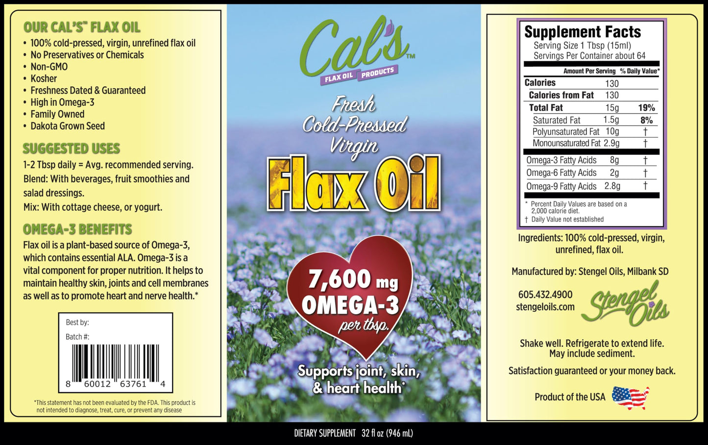 Cal's Flax Oil - Cold Pressed Flaxseed Oil, Omega-3, 32 oz