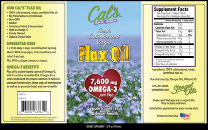 Cal's Flax Oil - Cold Pressed Flaxseed Oil, Omega-3, 32 oz