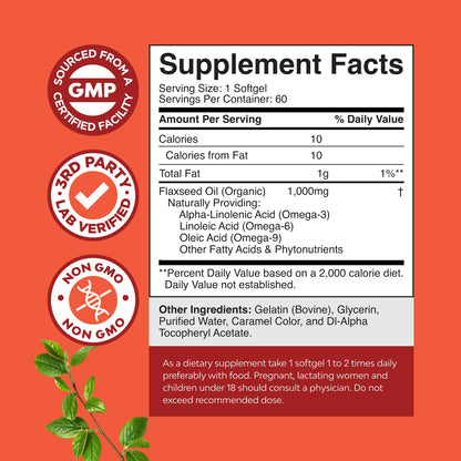 Flaxseed Oil 1000mg Softgels - High Potency Flax Seed Oil Softgels for Heart Health Digestion and Brain Support - Cold Pressed Organic Flaxseed Providing Plant Based Omega 3 6 9