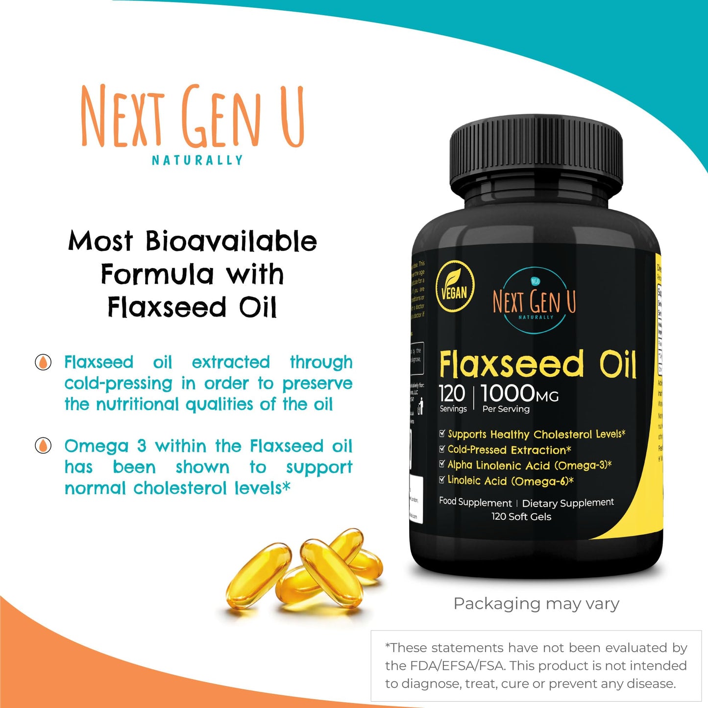 Flaxseed Oil Capsules 1000 mg – 120 Vegan Soft Gels | NextGenU Pack of 2