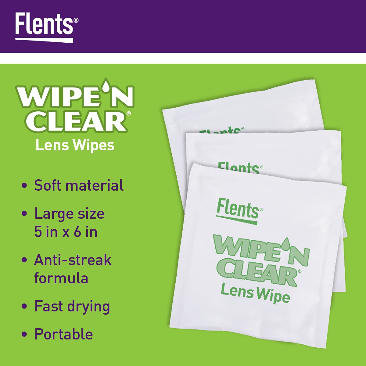 Flents Wipe ’N Clear Biodegradable Lens Wipes – 225 Count | Quick-Dry, Anti-Streak Cleaning for Glasses & Screens