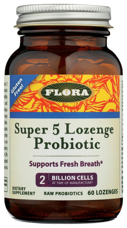 Flora - Super 5 Lozenge Probiotic with 2B CFU, Raspberry, 60 Lozenges