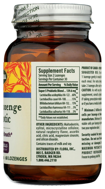 Flora - Super 5 Lozenge Probiotic with 2B CFU, Raspberry, 60 Lozenges