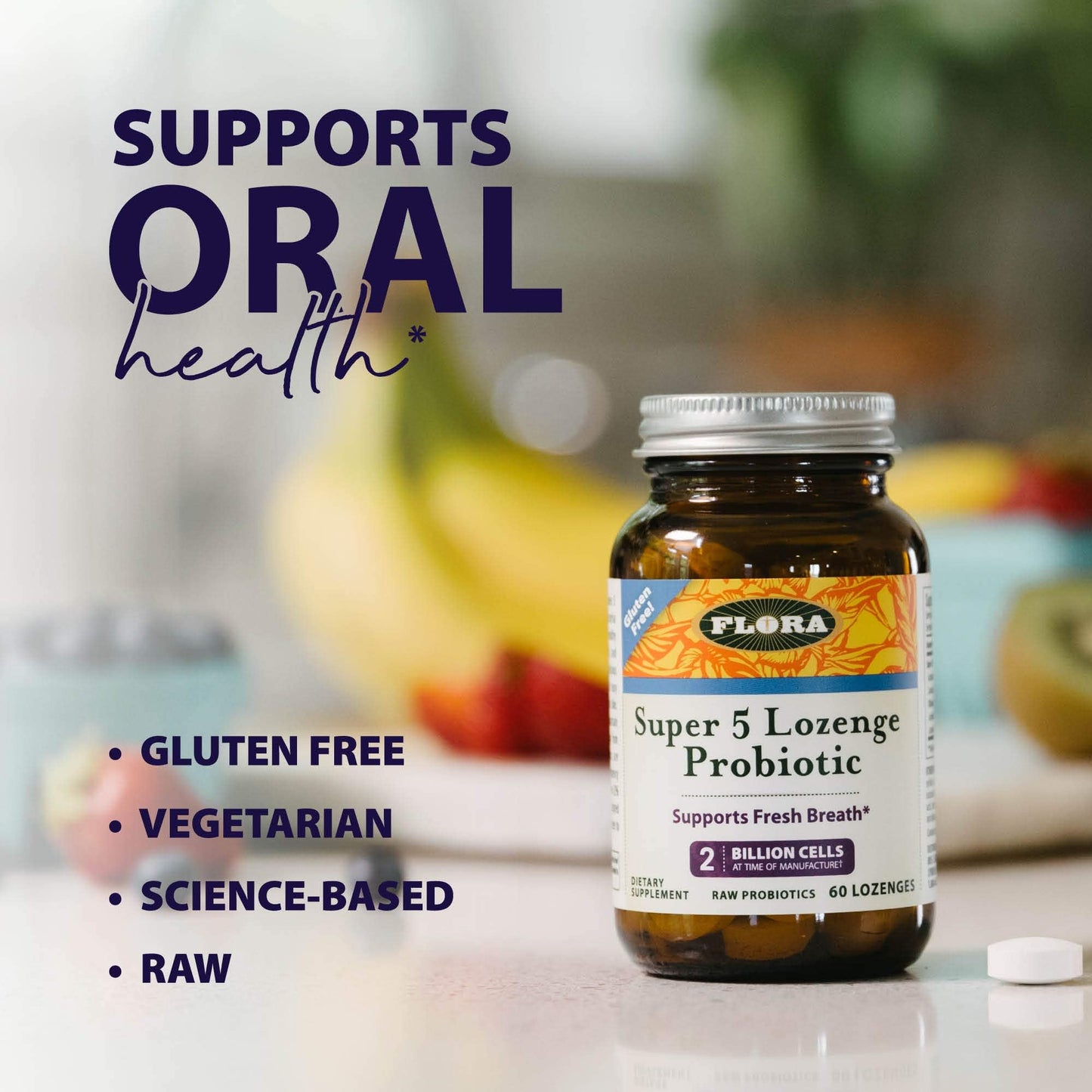 Flora - Super 5 Lozenge Probiotic with 2B CFU, Raspberry, 60 Lozenges