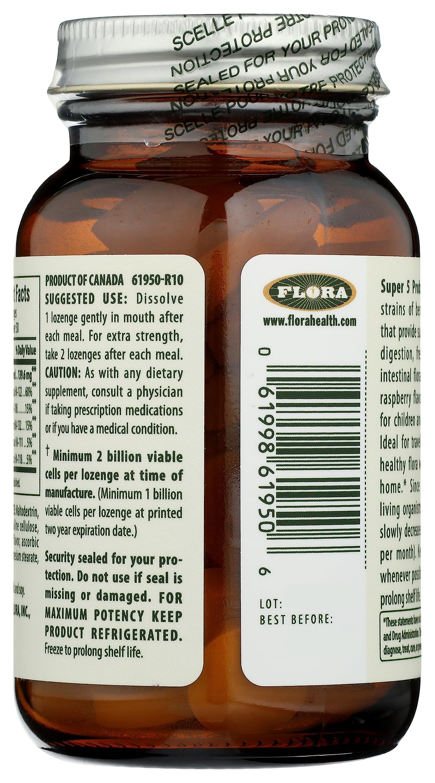 Flora - Super 5 Lozenge Probiotic with 2B CFU, Raspberry, 60 Lozenges