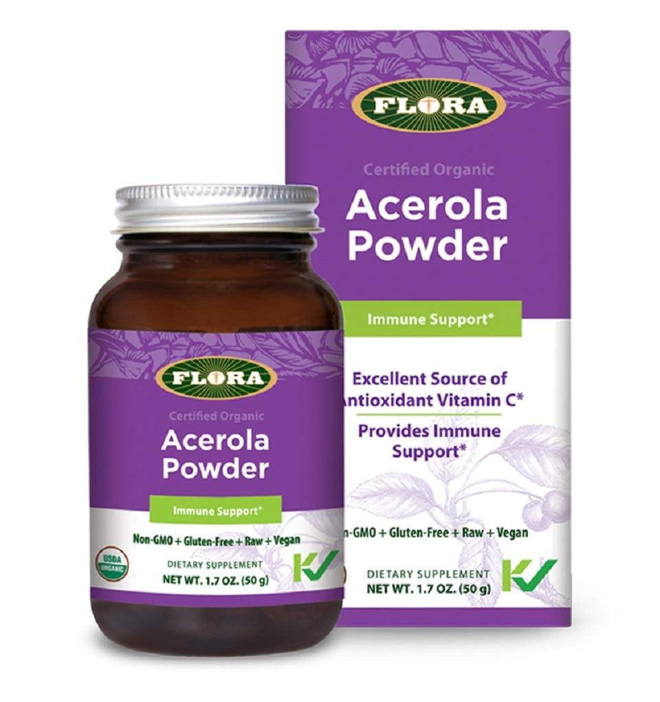 Flora Acerola Powder – Daily Immune Booster with Vitamin C | Gluten Free & Vegan, 1.7 oz Glass Bottle