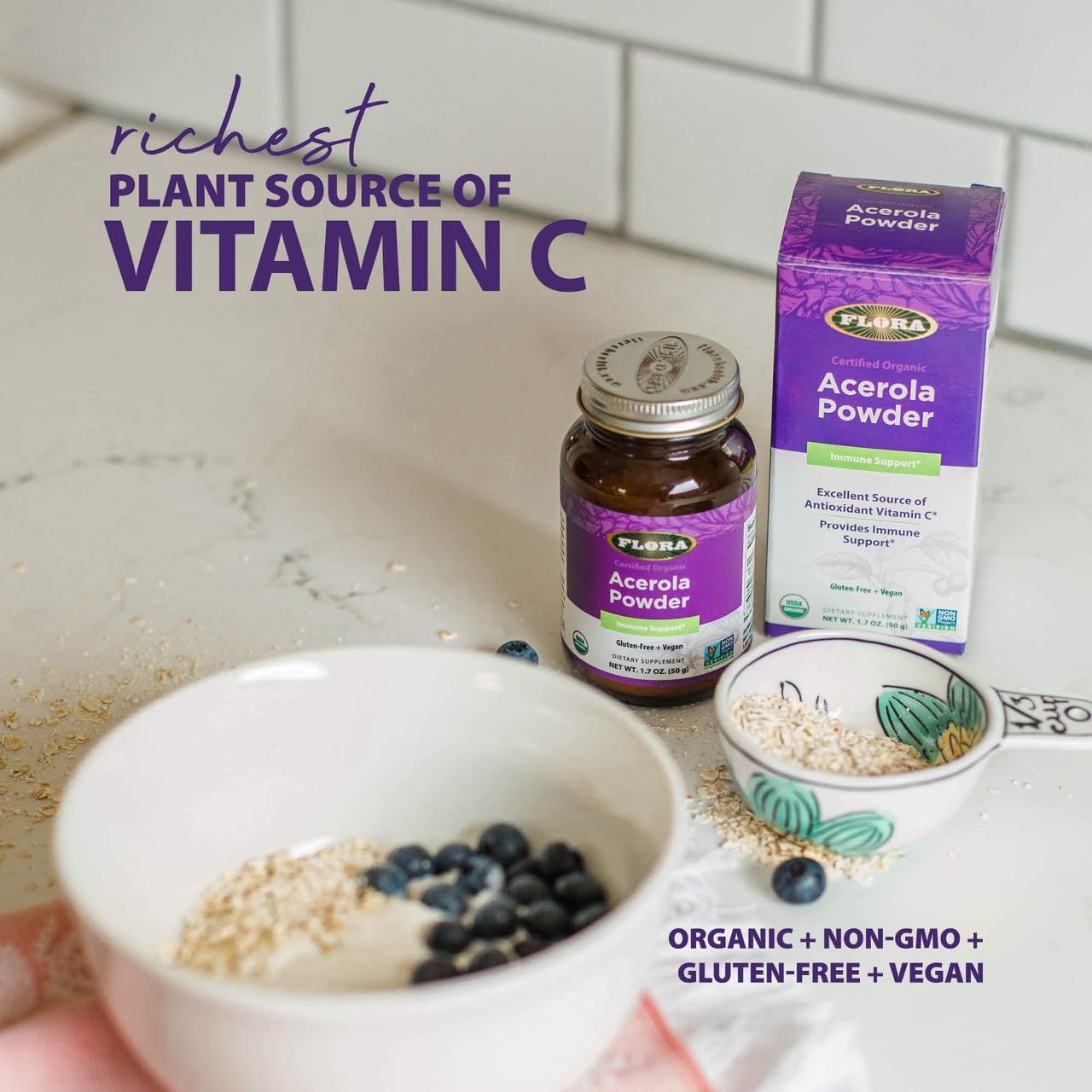 Flora Acerola Powder – Daily Immune Booster with Vitamin C | Gluten Free & Vegan, 1.7 oz Glass Bottle