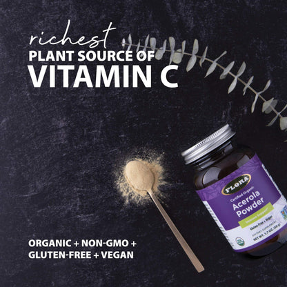 Flora Acerola Powder – Daily Immune Booster with Vitamin C | Gluten Free & Vegan, 1.7 oz Glass Bottle