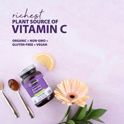Flora Acerola Powder – Daily Immune Booster with Vitamin C | Gluten Free & Vegan, 1.7 oz Glass Bottle