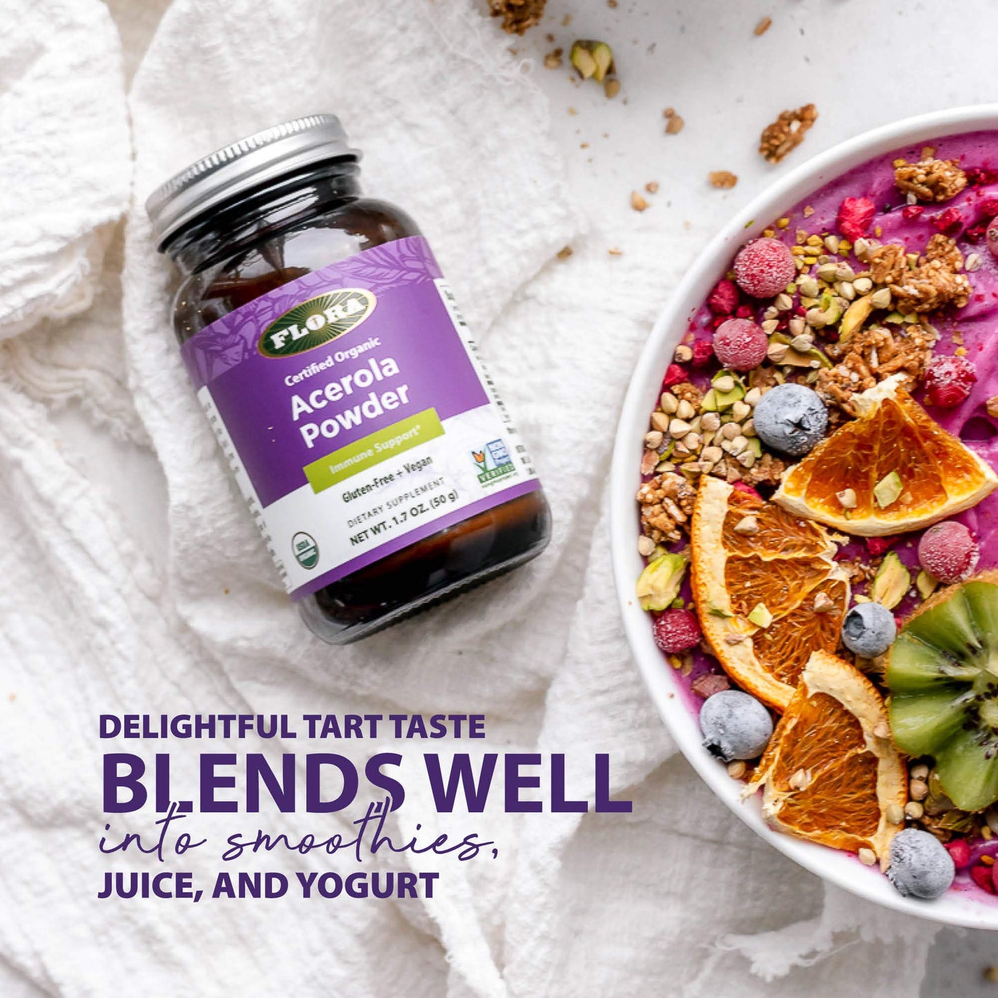 Flora Acerola Powder – Daily Immune Booster with Vitamin C | Gluten Free & Vegan, 1.7 oz Glass Bottle