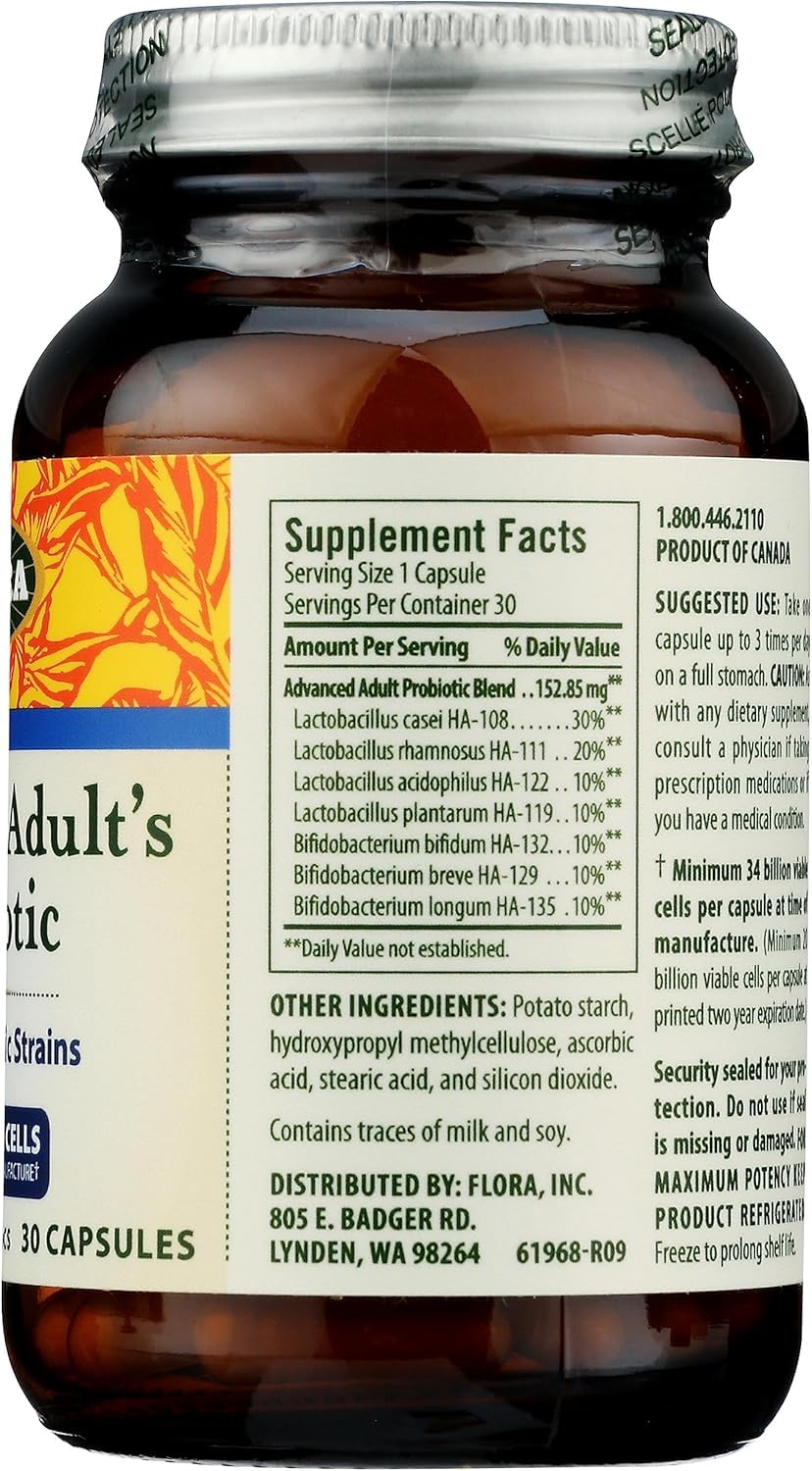 Flora Advanced Adult Probiotic – 34 Billion CFU, 7 Senior Strains, Gluten Free, 30 Capsules