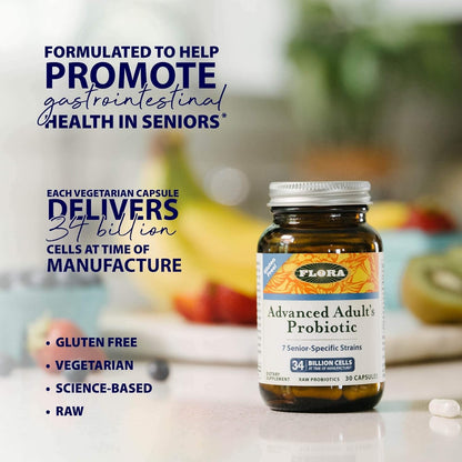 Flora Advanced Adult Probiotic – 34 Billion CFU, 7 Senior Strains, Gluten Free, 30 Capsules