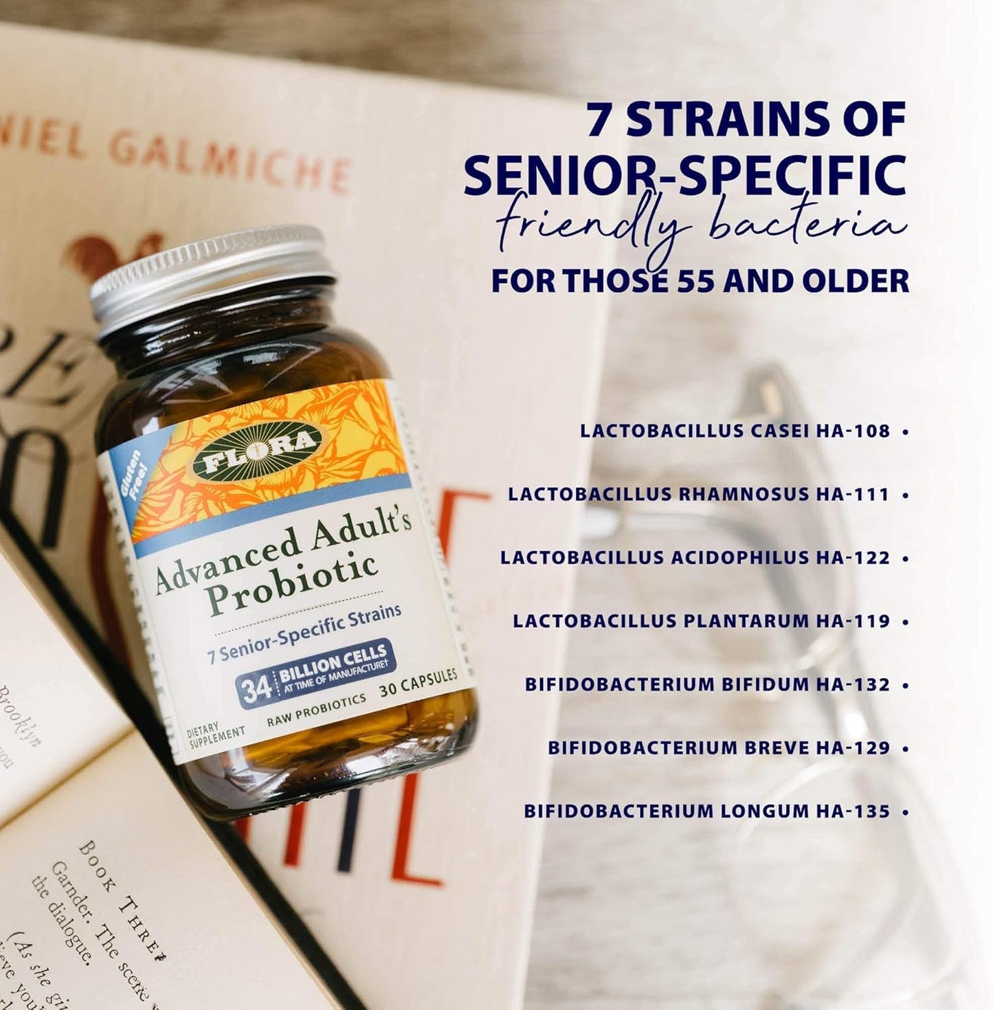 Flora Advanced Adult Probiotic – 34 Billion CFU, 7 Senior Strains, Gluten Free, 30 Capsules