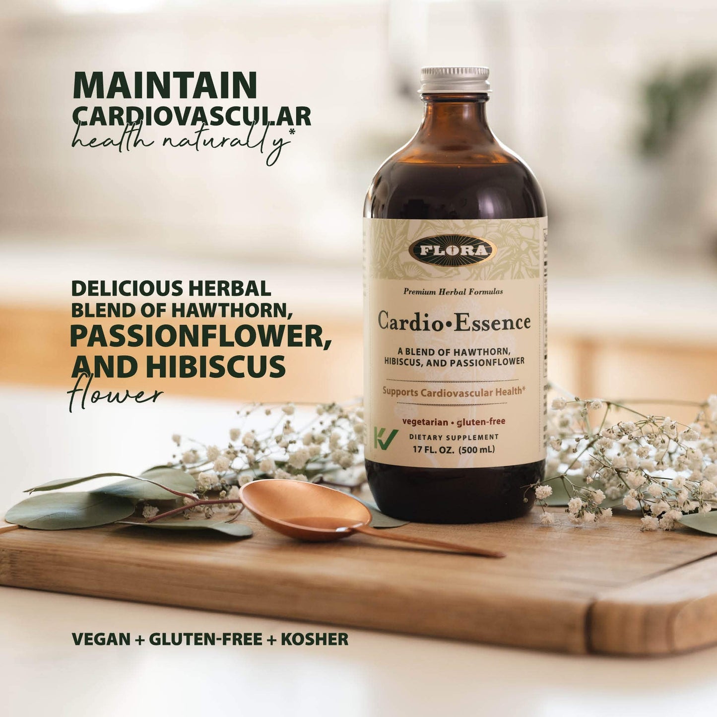 Flora Cardio-Essence: Hawthorn, Hibiscus & Passionflower Tonic – Gluten Free, Vegan, 17 oz Glass Bottle
