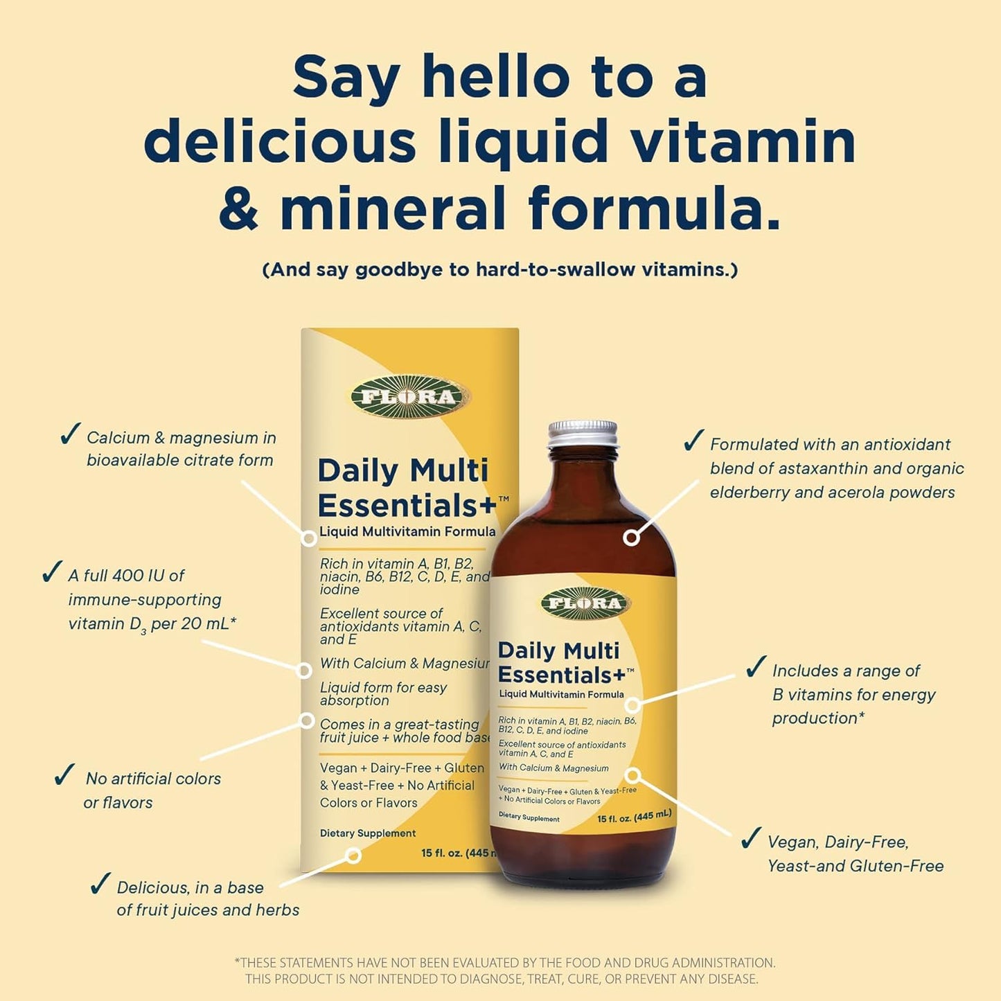 Flora Daily Multi Essentials+ Liquid Multivitamin – 13 Vitamins & Minerals, 15 fl oz