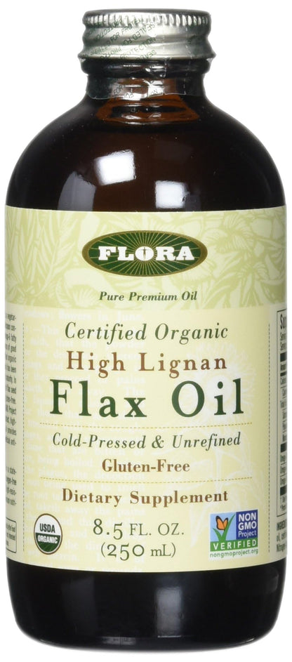 Flora Health Organic High Lignan Flax Seed Oil – Cold Pressed, Gluten Free, 17 fl oz Glass Bottle