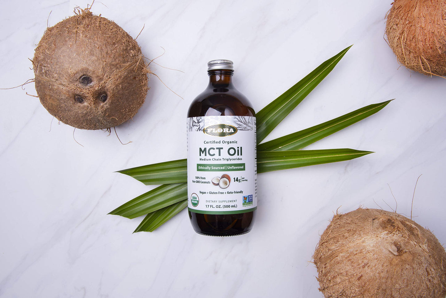 Flora Health MCT Oil Organic Energy Boost - C8/C10, Keto, Kosher, Non-GMO, 17 oz Glass Bottle