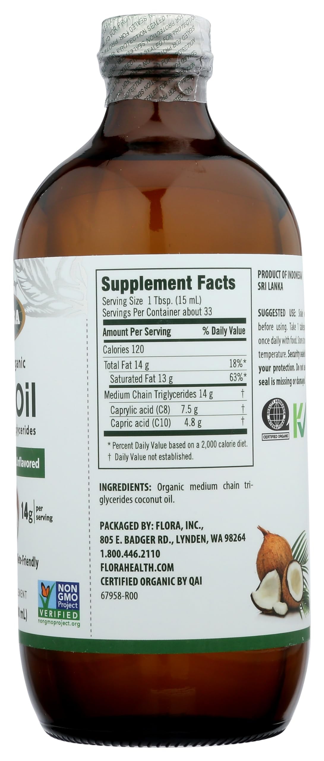 Flora Health MCT Oil Organic Energy Boost - C8/C10, Keto, Kosher, Non-GMO, 17 oz Glass Bottle