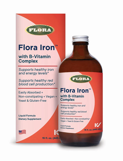 Flora Iron - Vegan Liquid Iron with B Vitamins | Red Blood Cell & Energy Support | Yeast-Free & Gluten-Free | 15 fl. oz. Glass Bottle