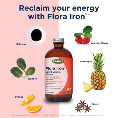 Flora Iron - Vegan Liquid Iron with B Vitamins | Red Blood Cell & Energy Support | Yeast-Free & Gluten-Free | 15 fl. oz. Glass Bottle