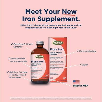 Flora Iron – Vegan Liquid Iron with B Vitamins for Energy & Red Blood Cell Support (7.7 fl oz)