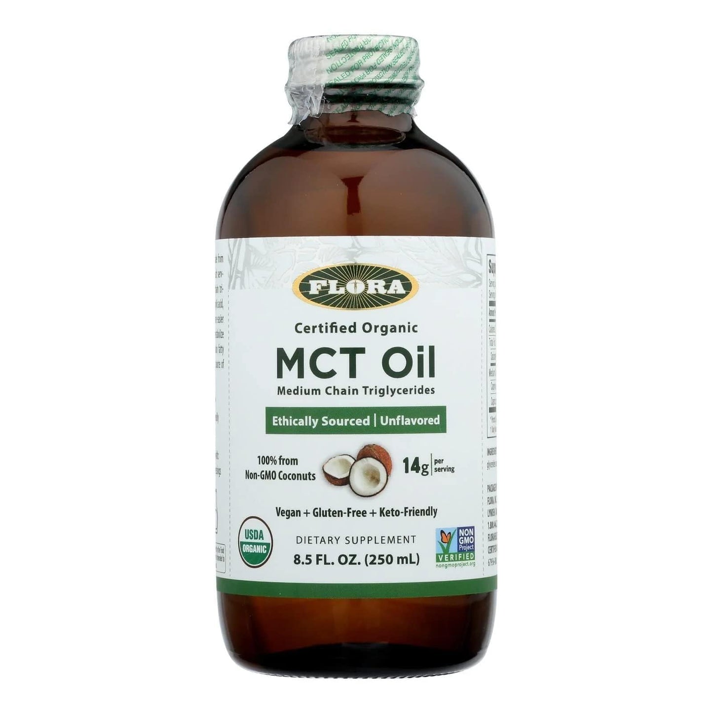 Flora MCT Oil Certified Organic – Brain Health & Muscle Energy | C8/C10 | 8.5 oz Glass Bottle
