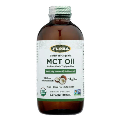 Flora MCT Oil Certified Organic – Brain Health & Muscle Energy | C8/C10 | 8.5 oz Glass Bottle
