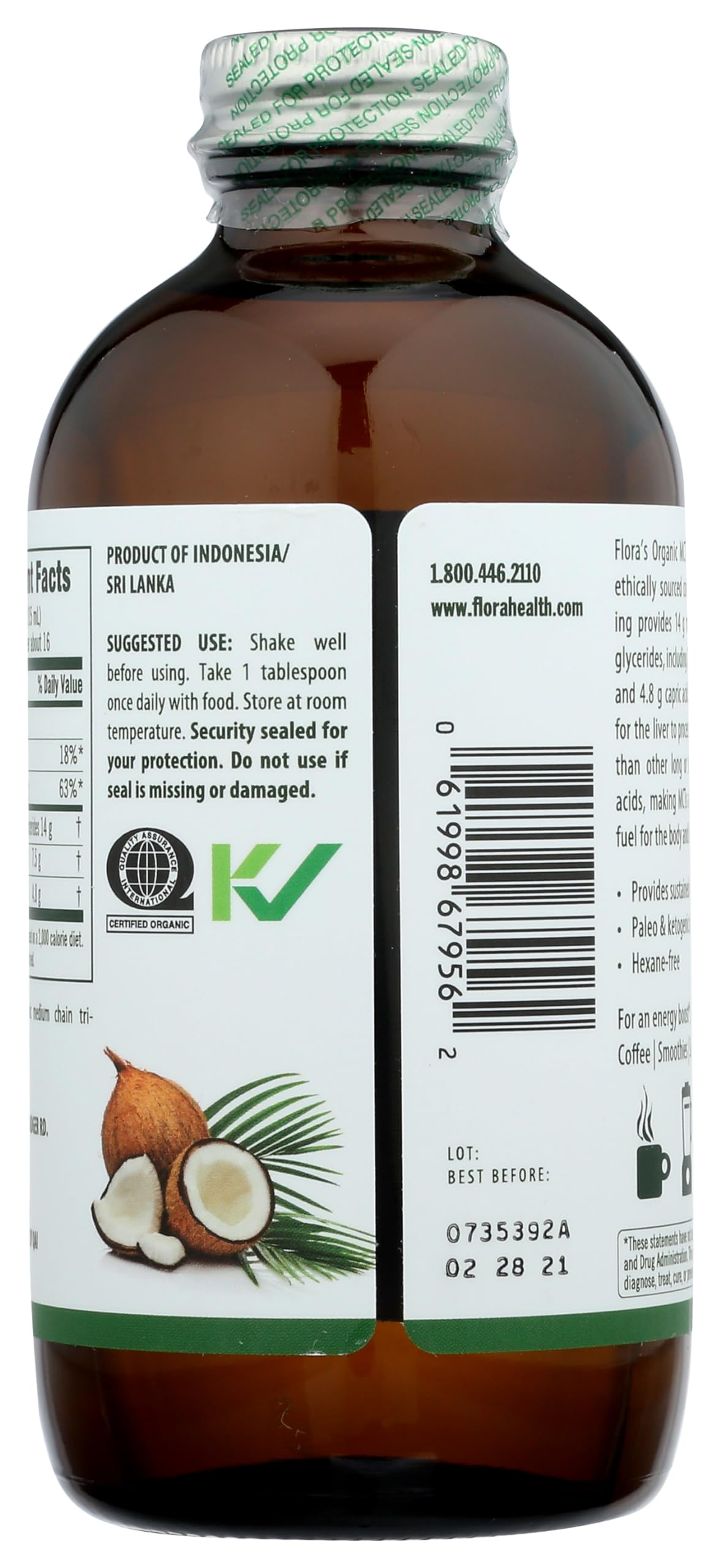 Flora MCT Oil Certified Organic – Brain Health & Muscle Energy | C8/C10 | 8.5 oz Glass Bottle