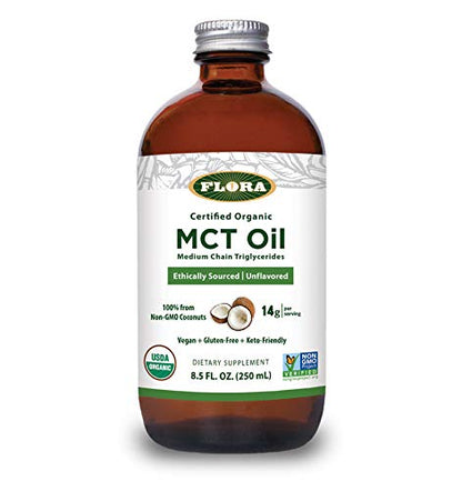 Flora MCT Oil Certified Organic – Brain Health & Muscle Energy | C8/C10 | 8.5 oz Glass Bottle