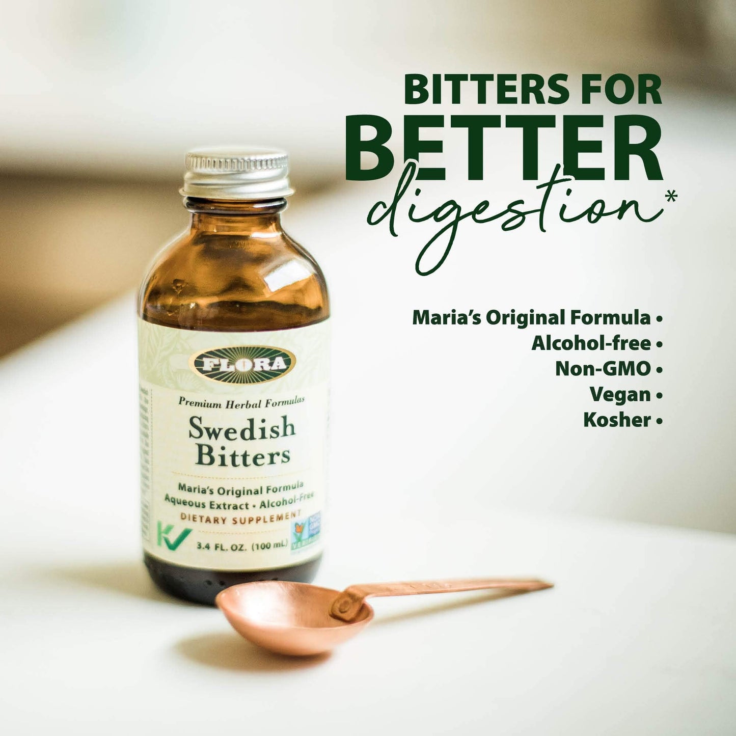 Flora Swedish Bitters for Digestion | Alcohol-Free 3.4 fl oz Bottle | Maria Treben Original Formula