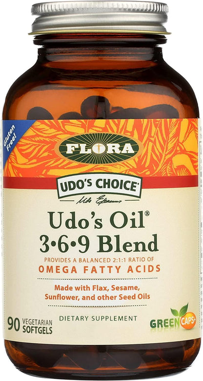 Flora Udo's Oil 3-6-9 Blend - Organic Coconut, Flax Seed Oil & More - 90 Vegetarian Softgels