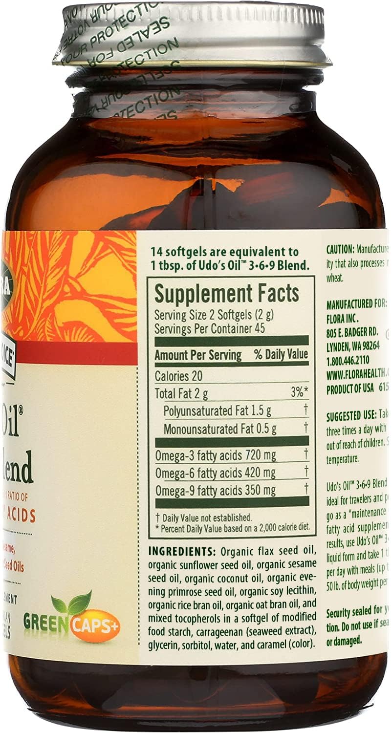 Flora Udo's Oil 3-6-9 Blend - Organic Coconut, Flax Seed Oil & More - 90 Vegetarian Softgels