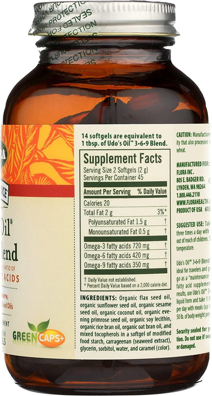 Flora Udo's Oil 3-6-9 Blend - Organic Coconut, Flax Seed Oil & More - 90 Vegetarian Softgels