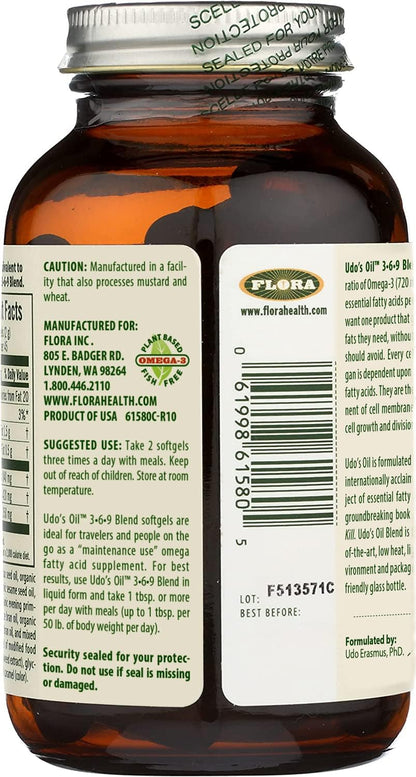 Flora Udo's Oil 3-6-9 Blend - Organic Coconut, Flax Seed Oil & More - 90 Vegetarian Softgels