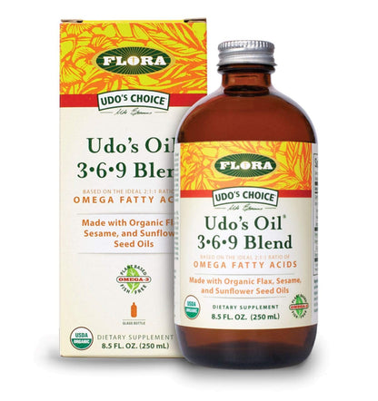 Flora Udo's Choice Omega 3-6-9 Oil Blend – Organic Flax, Sesame & Sunflower, 8.5 fl oz Glass Bottle