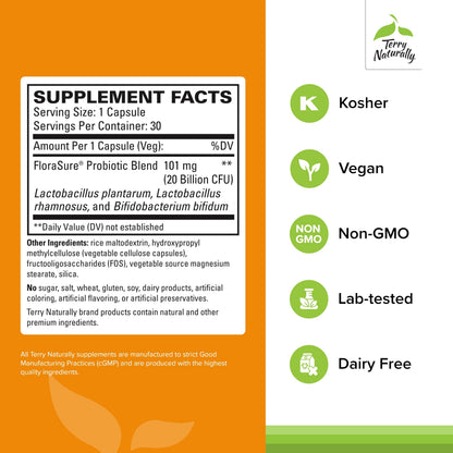 Terry Naturally FloraSure Probiotic - Digestive Health, Bloating & Gas Relief - 30 Capsules