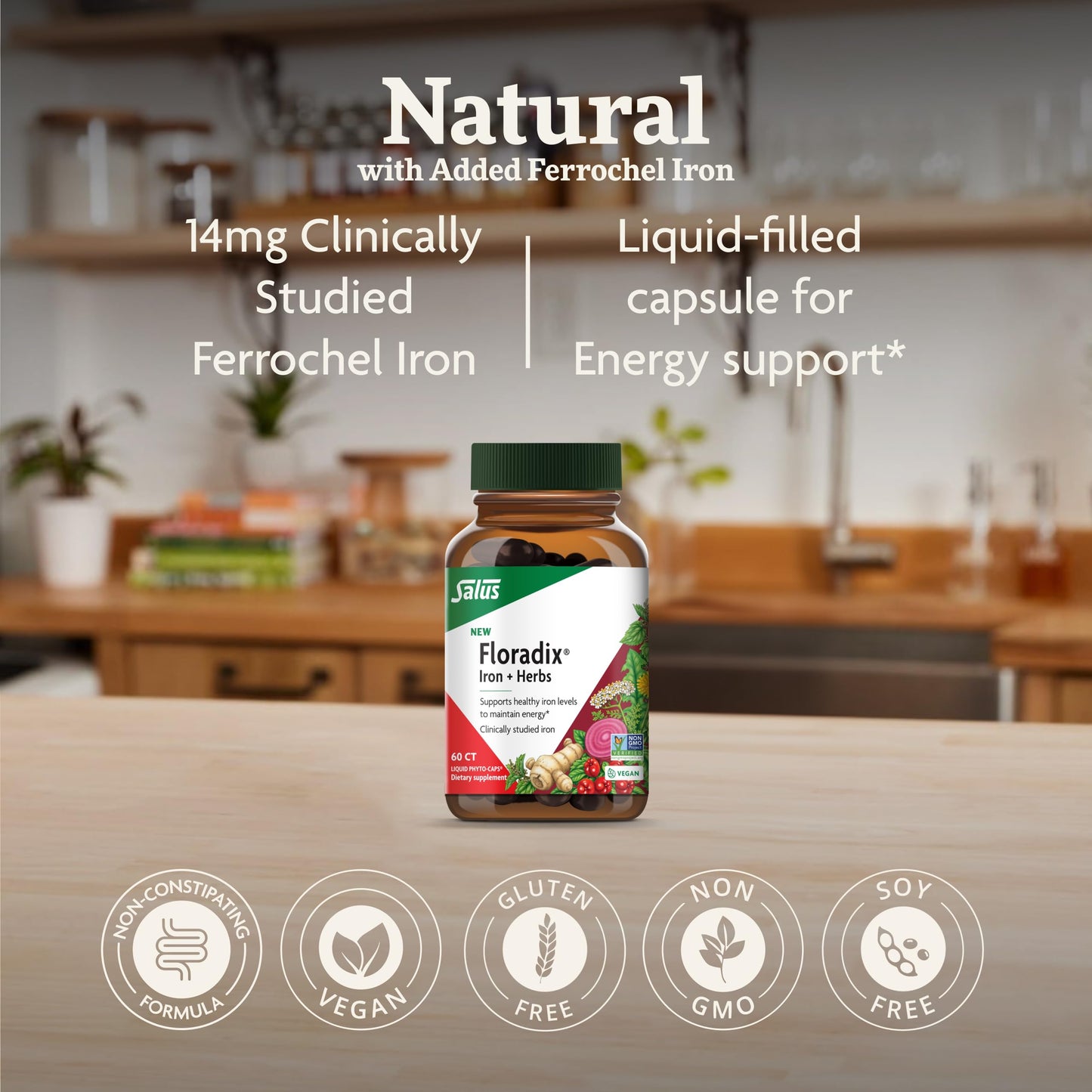 Floradix Iron + Herbs - Vegan Liquid Iron Supplement for Energy Support (60 Phyto-Caps) - Non-GMO, Gluten-Free, Soy-Free