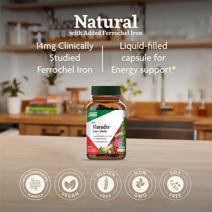 Floradix Iron + Herbs - Vegan Liquid Iron Supplement for Energy Support (60 Phyto-Caps) - Non-GMO, Gluten-Free, Soy-Free