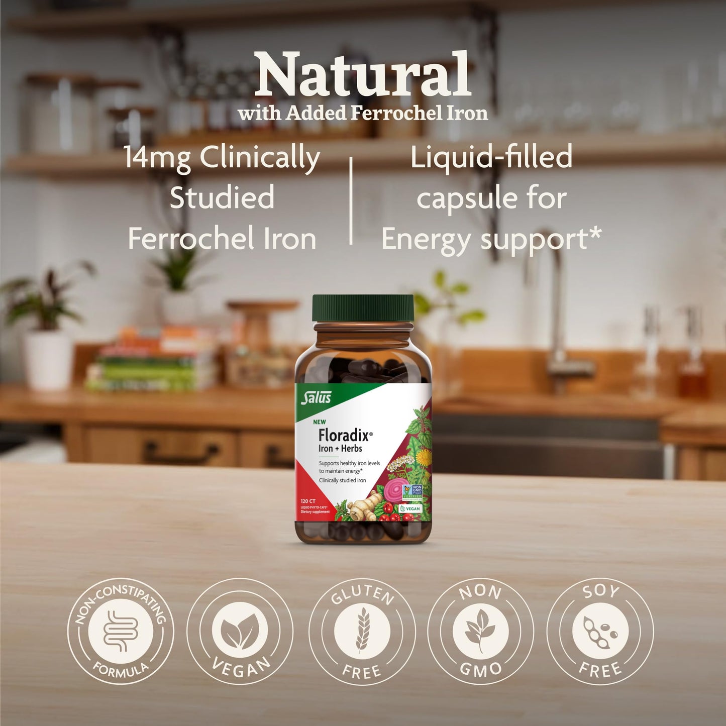 Floradix Iron + Herbs – Vegan Liquid Iron for Energy Support (120 Phyto-Caps)