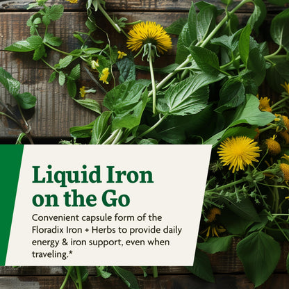Floradix Iron + Herbs - Vegan Liquid Iron Supplement for Energy Support (60 Phyto-Caps) - Non-GMO, Gluten-Free, Soy-Free