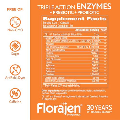 Florajen Digestive Enzymes with Probiotics & Prebiotics – 30-Count