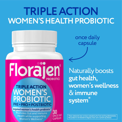 Florajen Women's Complete 3-in-1 Prebiotic Probiotic Postbiotic – Fast Digestive & Immune Support (Gluten-Free, Vegan, Non-GMO) – 30-Count