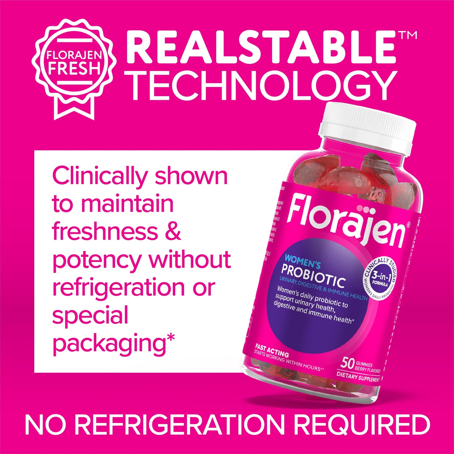 Florajen Women's Probiotic Gummies – Triple-Action Prebiotic + Probiotic + Cranberry (40-Count) for Digestive, Urinary & Immune Support