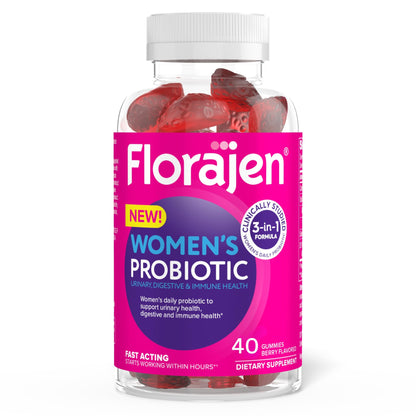 Florajen Women's Probiotic Gummies – Triple-Action Prebiotic + Probiotic + Cranberry (40-Count) for Digestive, Urinary & Immune Support