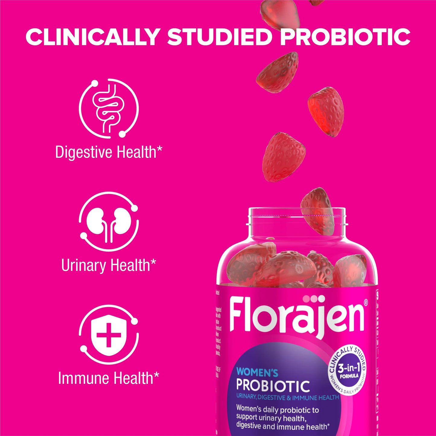 Florajen Women's Probiotic Gummies – Triple-Action Prebiotic + Probiotic + Cranberry (40-Count) for Digestive, Urinary & Immune Support